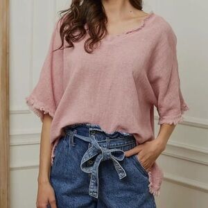 Cottonways 9828 Linen Cotton Blend Top Made in Italy V-Neck Boxy Pink Women OS